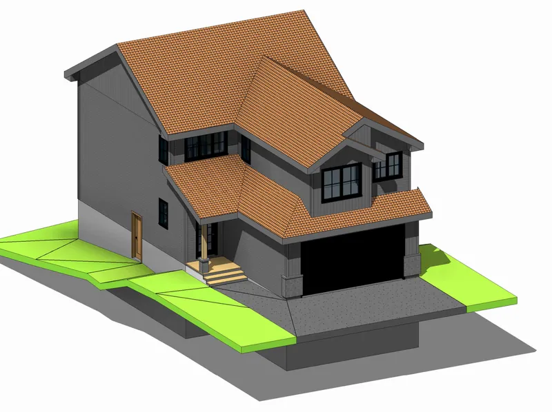 Revit 3D view of a two-storey house with a timber-brown roof and double garage