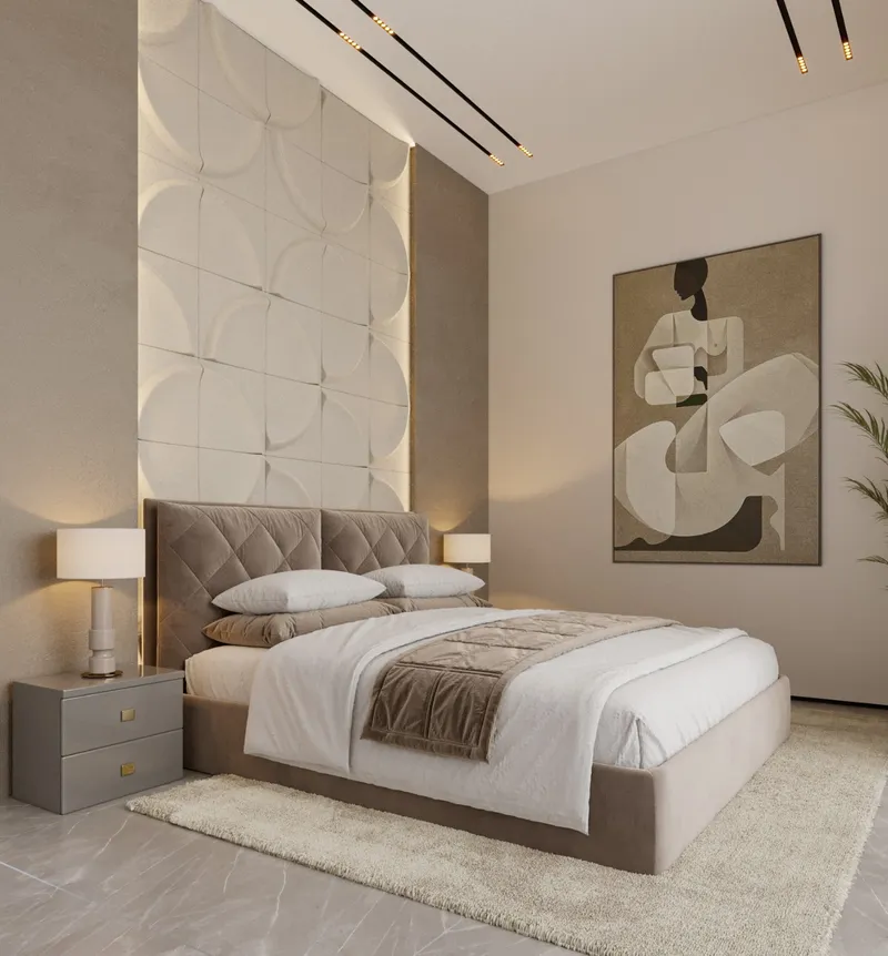 Photorealistic rendering of a bedroom with a textured feature wall, upholstered bed and framed artwork