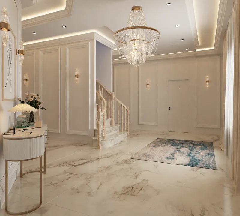 Photorealistic interior rendering of an entrance hall with a crystal chandelier, panelled walls and a marble floor