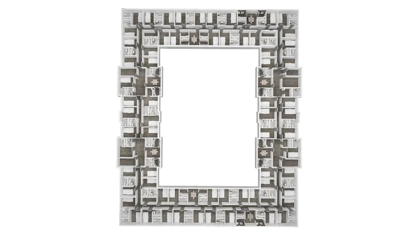 Top-down 3D floor plan of a courtyard-style accommodation block with furnished rooms and bathrooms