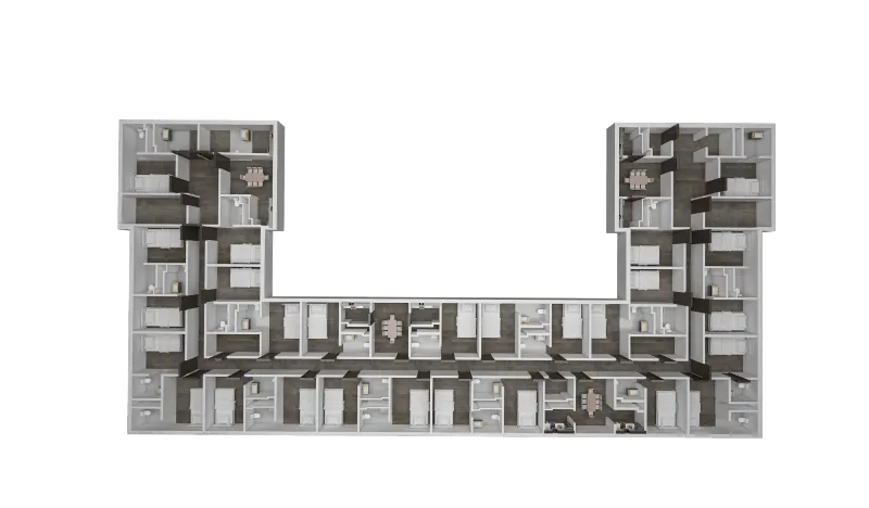 Top-down 3D floor plan of a U-shaped accommodation block with furnished rooms and corridors