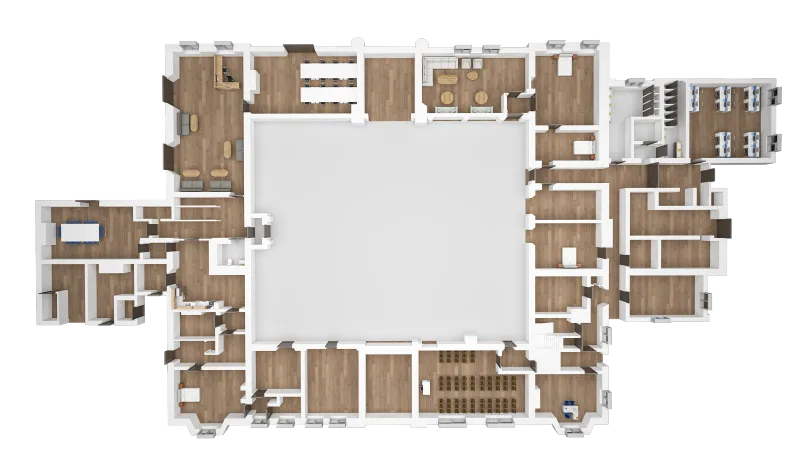 Top-down 3D floor plan of a commercial building showing walls, openings and internal layout