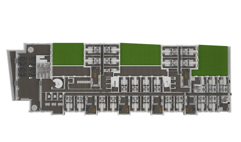 Top-down 3D floor plan of a long mixed-use floor with rooms, shared spaces and green terraces