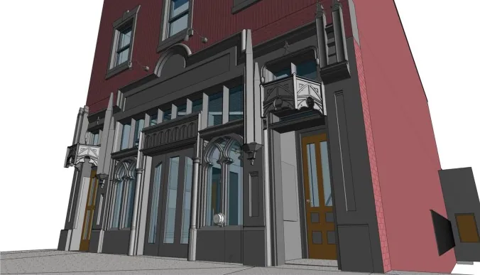 Revit model of a street facade with carved entrance details modeled