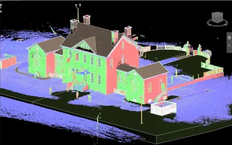 Point cloud of a historic brick house captured by a surveyor