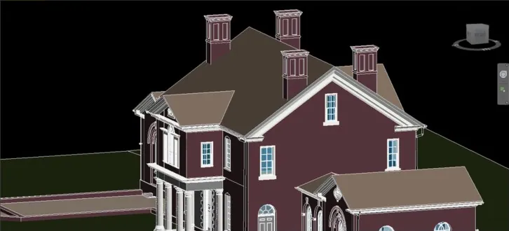 Revit model close-up of a house front, chimneys and entrance