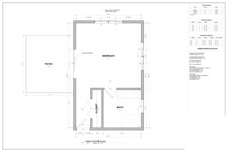 Sheet A1.1: Main floor plan with schedules from a California, USA residential addition permit set