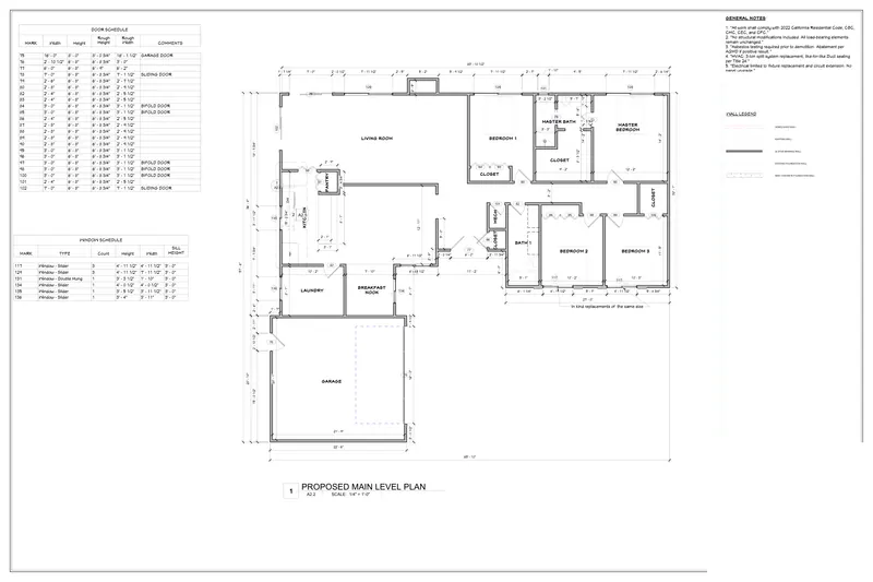 Sheet A2.2: Proposed main level plan from a California, USA residential remodel permit set