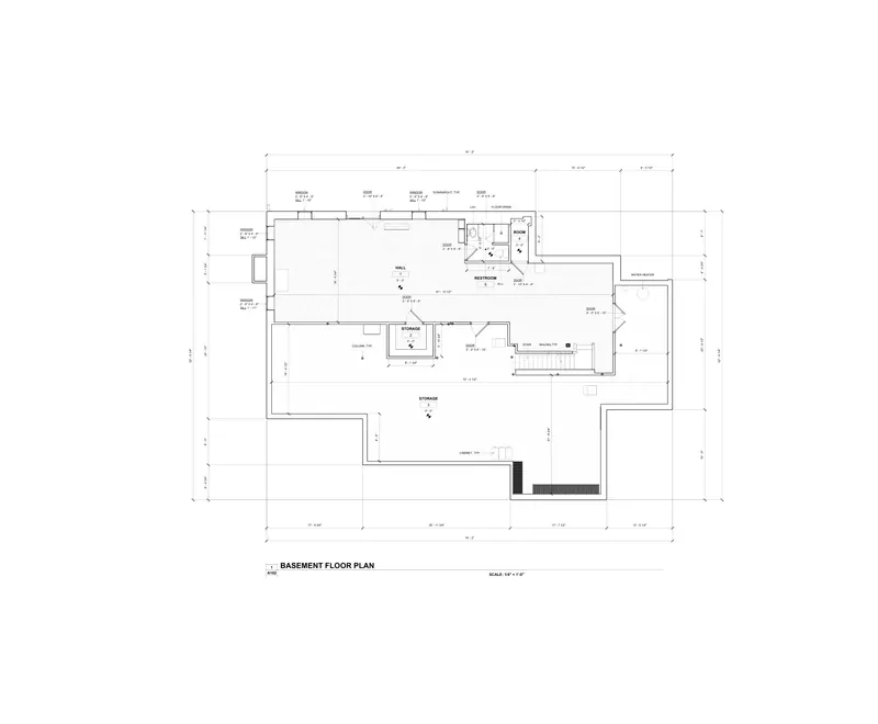 Sheet A102: Basement floor plan from a Pennsylvania, USA residential scan-to-bim existing conditions