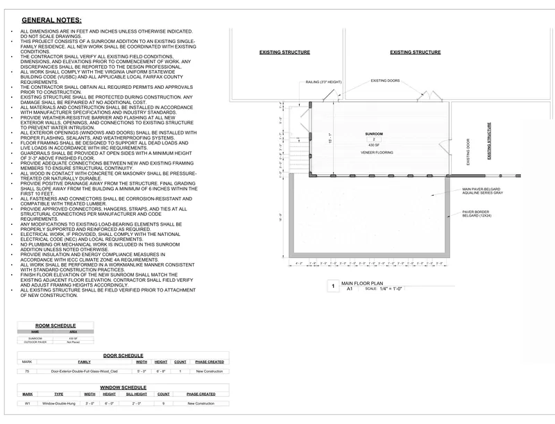 Sheet A1: Main level plan from a Virginia, USA sunroom addition permit drawings