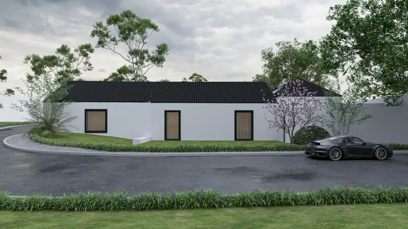 White single-storey residence with a dark roof, landscaping and a car on the driveway