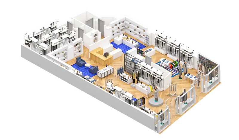 Axonometric 3D floor plan of a large open space with furniture, fixtures and timber flooring