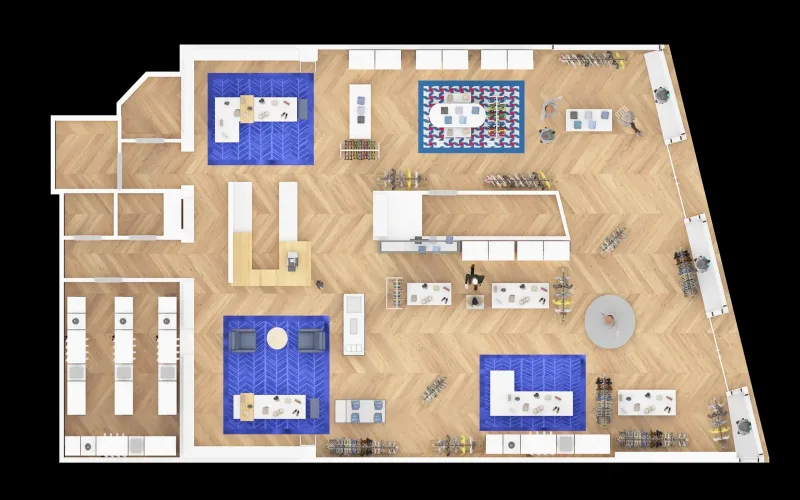 Top-down 3D floor plan with herringbone flooring, blue rugs and furniture layout