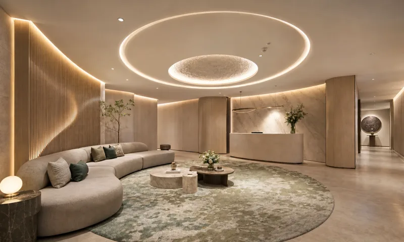 Lounge with a curved sofa, timber slat walls and a circular recessed ceiling feature