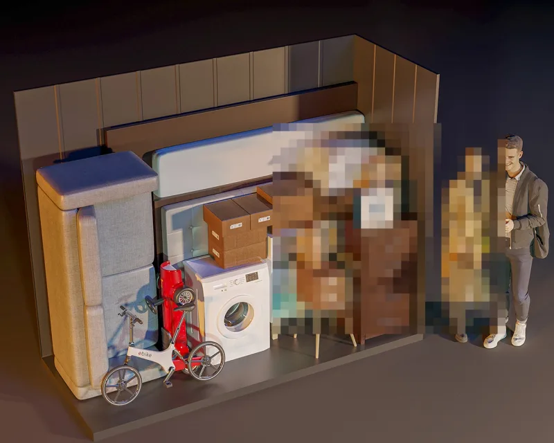 Angled cutaway view of the same storage container interior with furniture and boxes