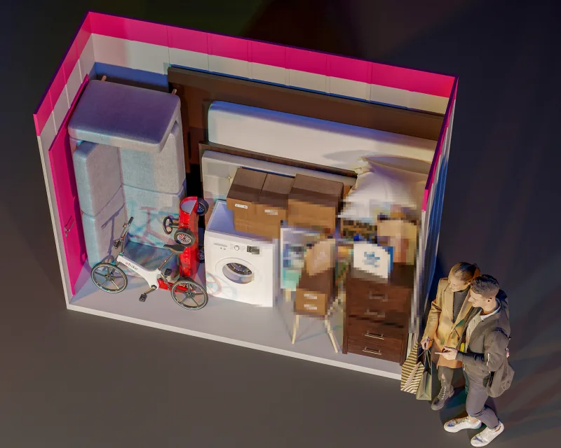 Top-down cutaway view of a storage container interior with furniture, boxes and bags
