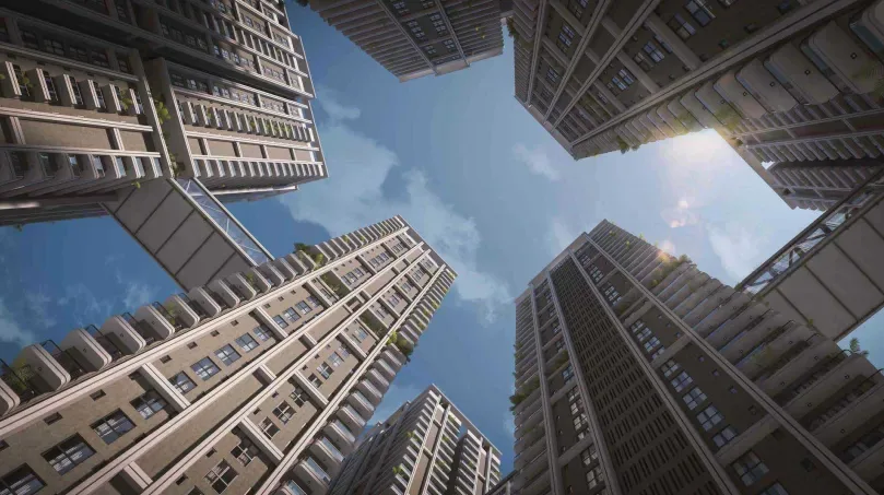 Low-angle exterior visualization looking up between high-rise residential towers