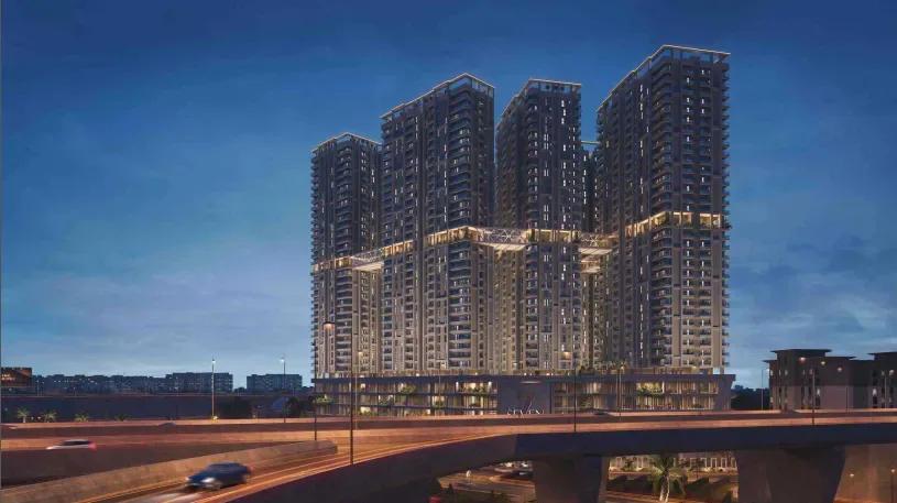Twilight exterior rendering of high-rise residential towers with lit windows