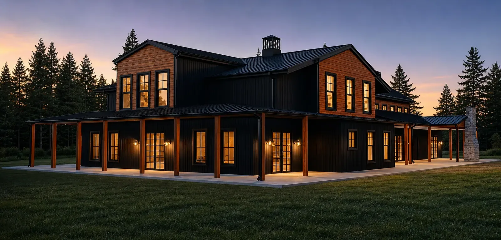 Two-storey timber residence with a wraparound porch at dusk, an exterior rendering by Architive